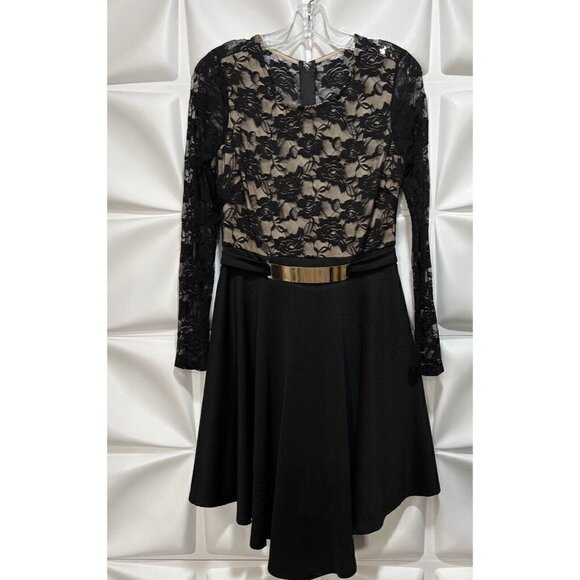 Venus Sz M Black Lace Long Sleeved Handkerchief Asymmetrical Hem Formal Dress - Picture 5 of 12
